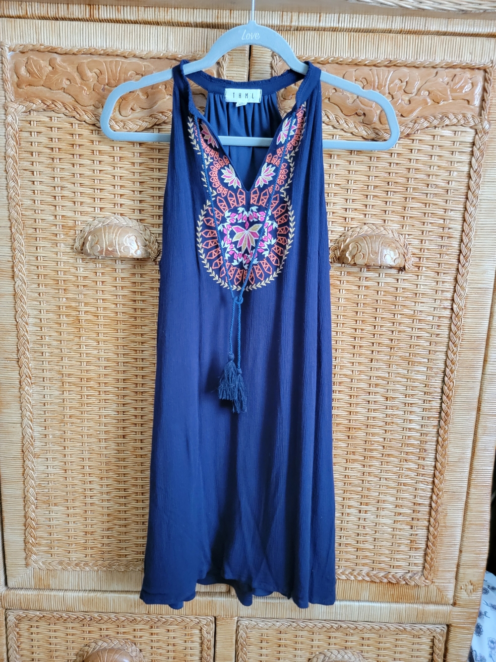 THML Navy Mini Dress with Pink & Orange Embroidery